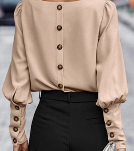 Solid Button Back Blouse with Puff Sleeve